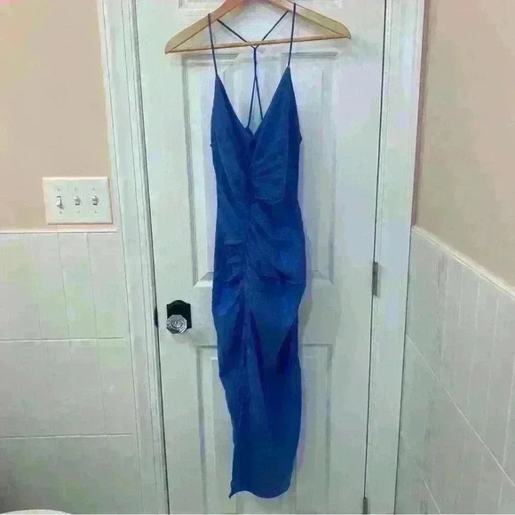 Zara RUCHED LINEN BLEND MIDI DRESS Blue Size M - Picture 4 of 10